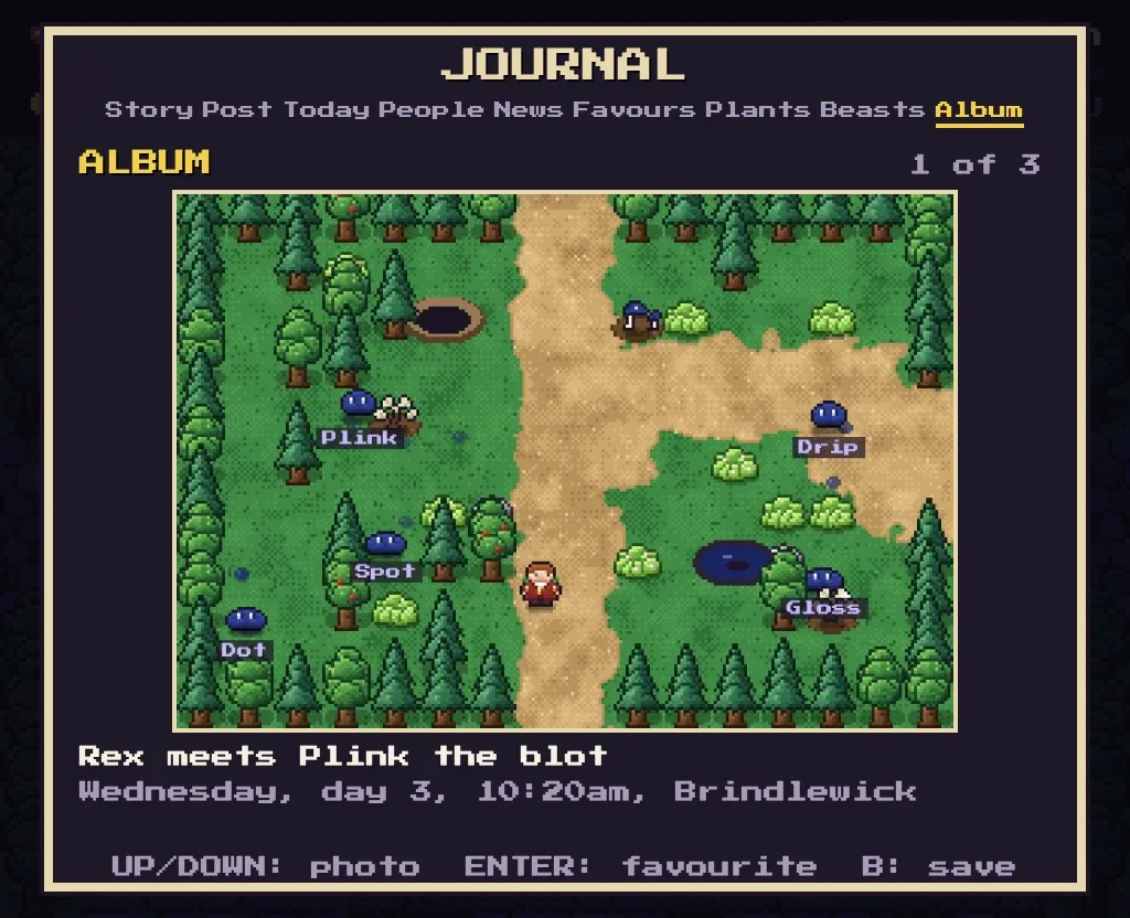 The Journal’s Album page: a photo of Rex on a woodland path with five blots around their den, each with its name over its head (Plink, Drip, Spot, Gloss, and Dot), captioned “Rex meets Plink the blot” with the day and time.