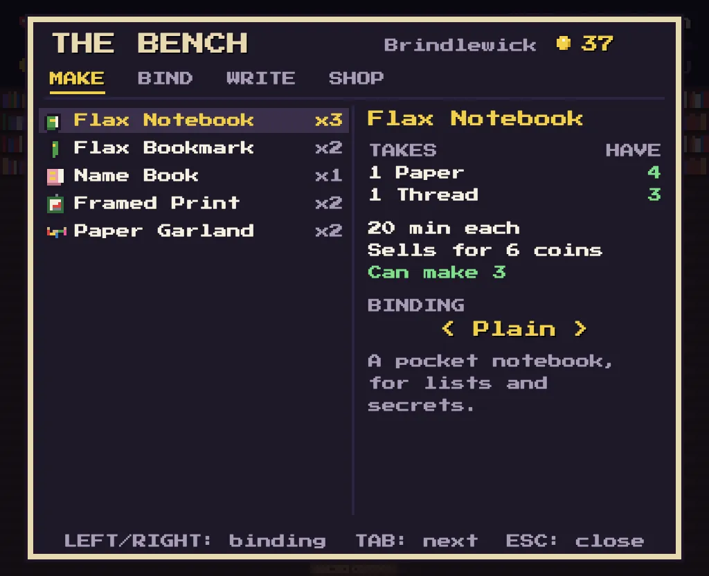 Rex’s bench: a list of wares down the left (a flax notebook, a bookmark, a Name Book, a framed print, a paper garland) and, for the notebook, what it takes, how long it takes, what it sells for, and its binding, with tabs along the top for making, binding, writing, and the shop.