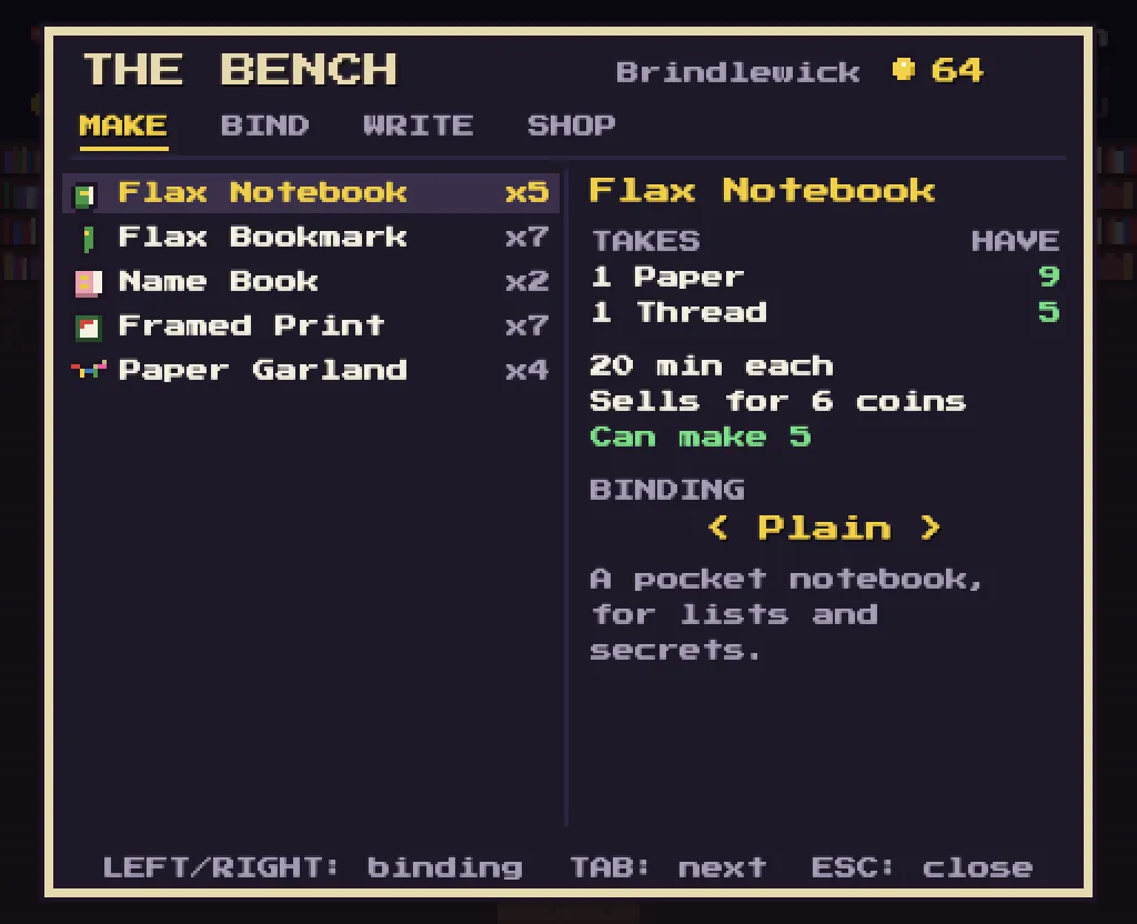 Rex’s bench: a list of wares down the left (a flax notebook, a bookmark, a Name Book, a framed print, a paper garland) and, for the notebook, what it takes, how long it takes, and what it sells for.
