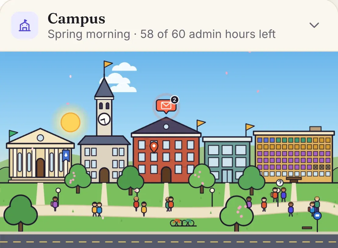 The campus map on a spring morning: Old Main’s clock tower in the sun, an envelope over Humanities Hall with two things waiting, and Founders Hall’s windows colored by who teaches each section, with three cancelled sections crossed out and students waiting outside.