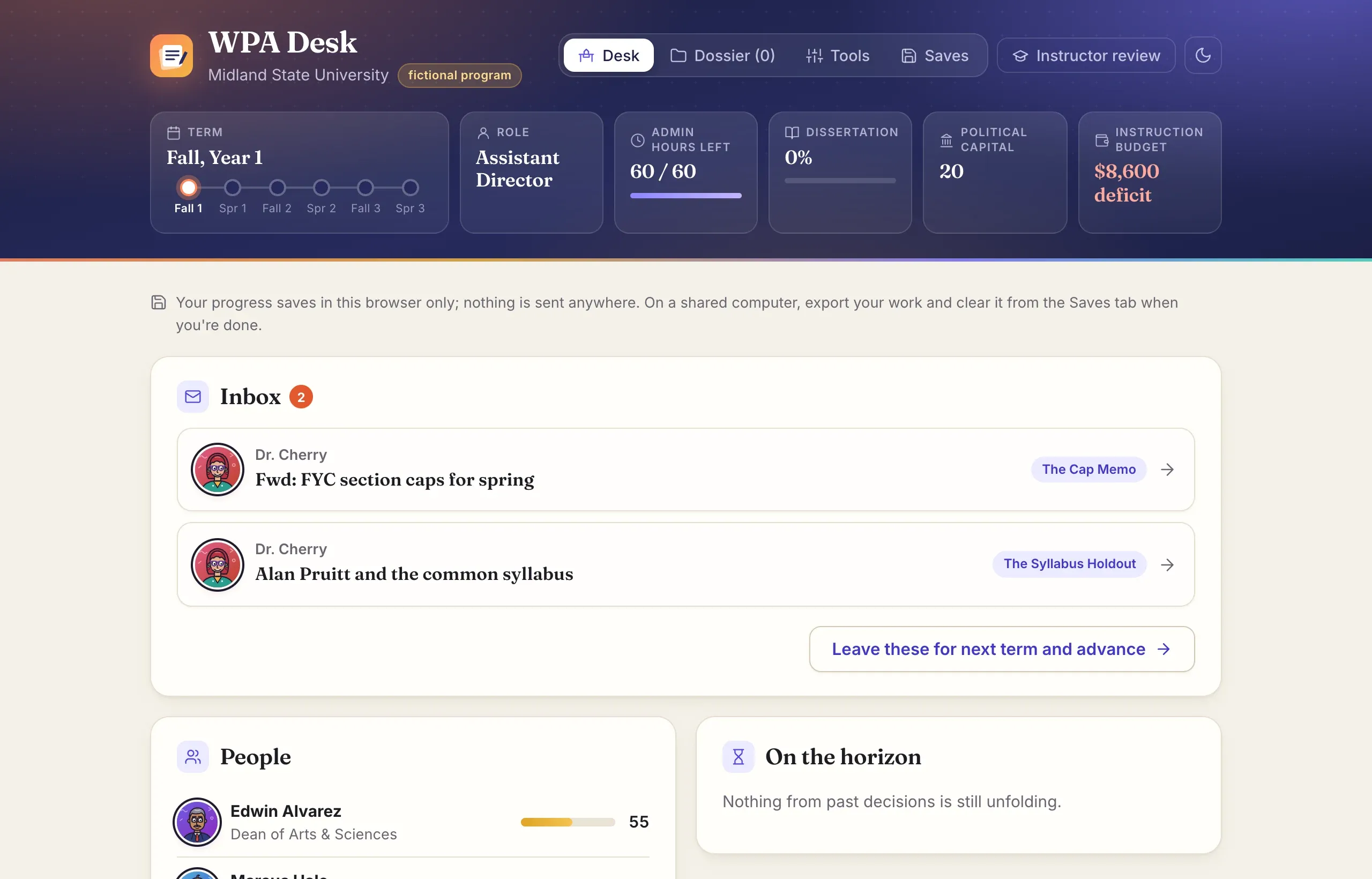 The WPA Desk desk: the current term, admin hours, political capital, and the instruction budget across the top, with two documents waiting in the inbox.