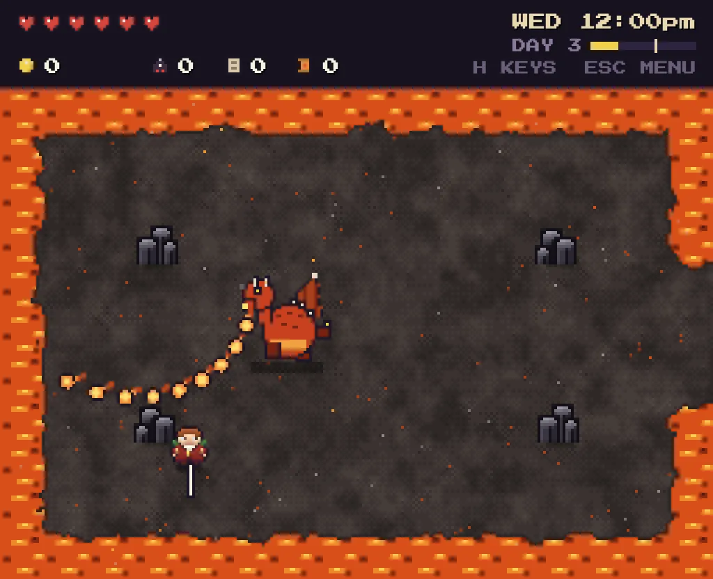Rex in the Cinder Drake’s lair, a stone floor ringed with lava, his bone folder out as the drake breathes a curving line of fire toward him.