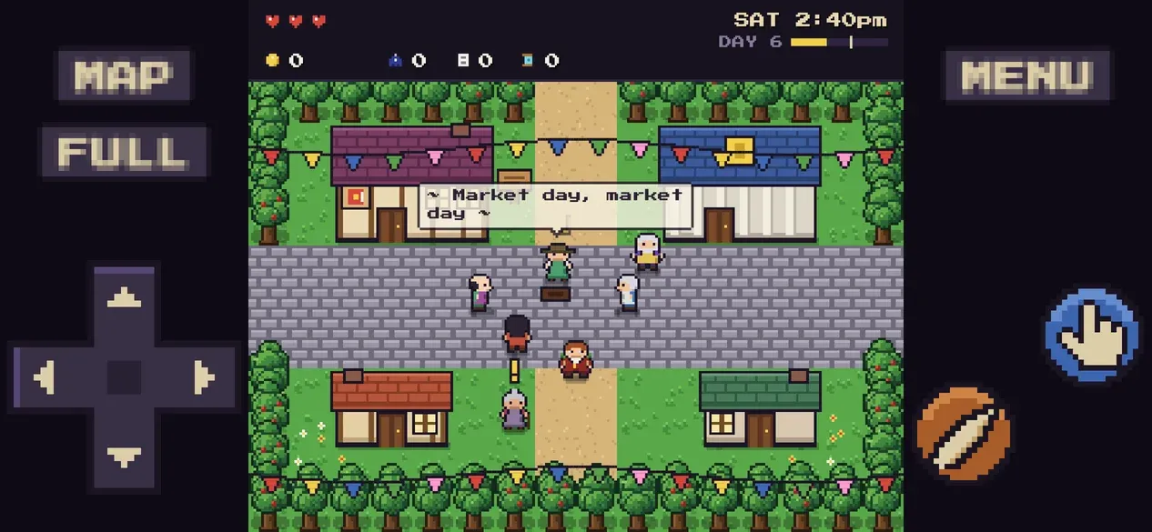 The game on a phone held sideways: a d-pad on the left, an action button and the bone folder on the right, and Brindlewick’s square on market day in between, with a busker singing.