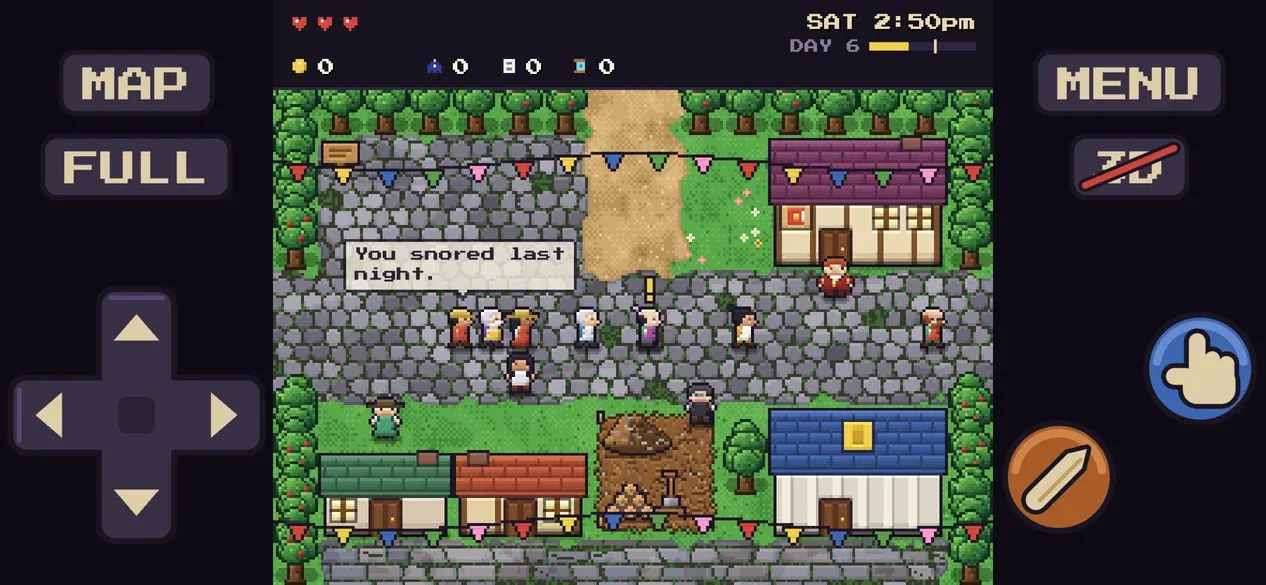 The game on a phone held sideways: a d-pad on the left, the hand and the bone folder on the right, small MAP, FULL, MENU, and 3D buttons, and Brindlewick’s square in between, hung with bunting, with townsfolk chatting.