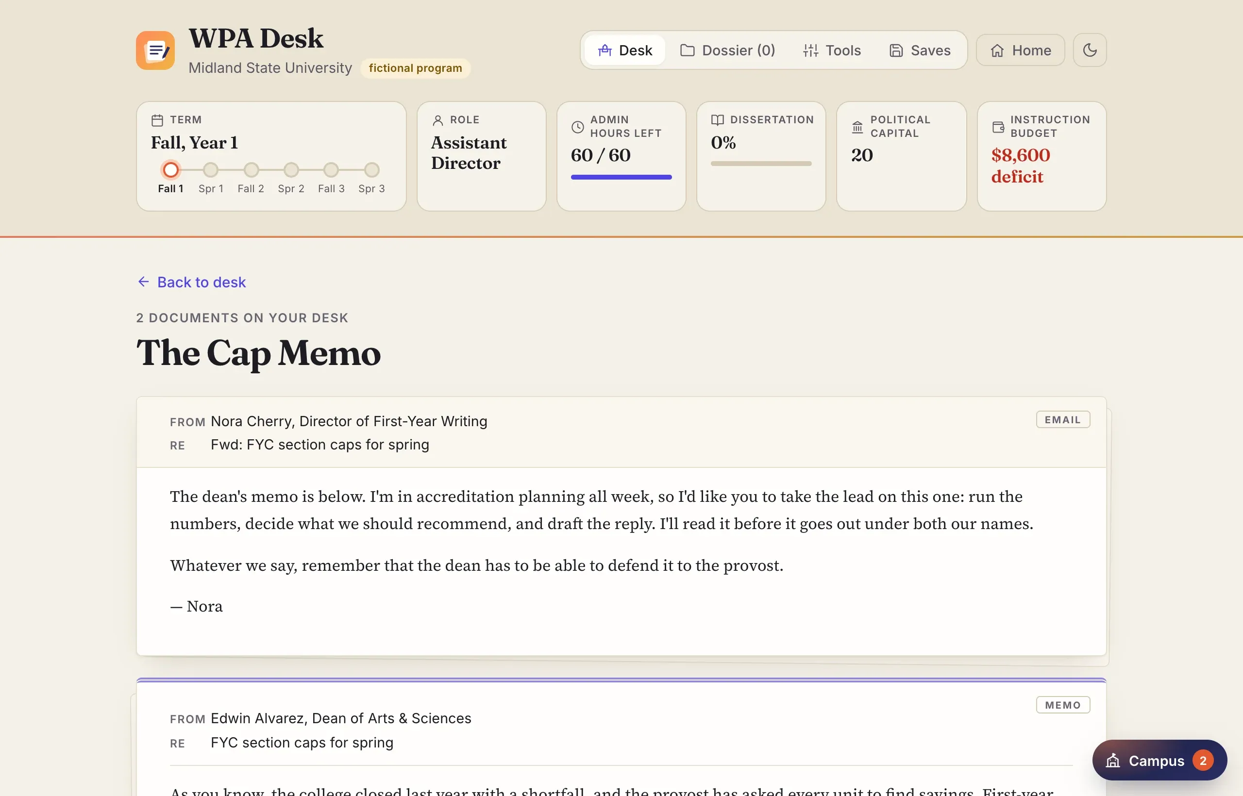 The Cap Memo: Dr. Cherry forwards the dean’s memo about section caps and asks the player to run the numbers and draft the reply.