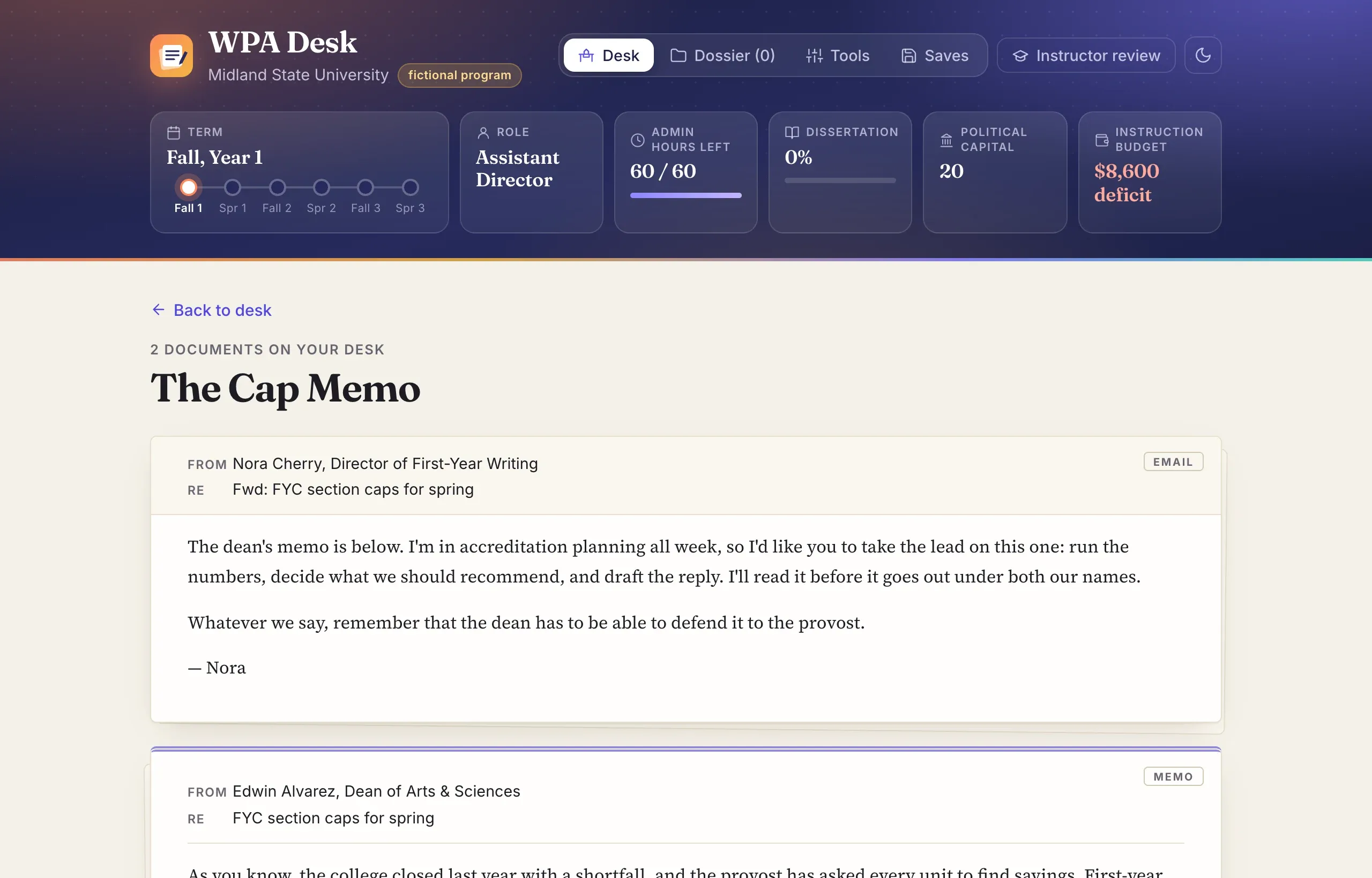 The Cap Memo: Dr. Cherry forwards the dean’s memo about section caps and asks the player to run the numbers and draft the reply.