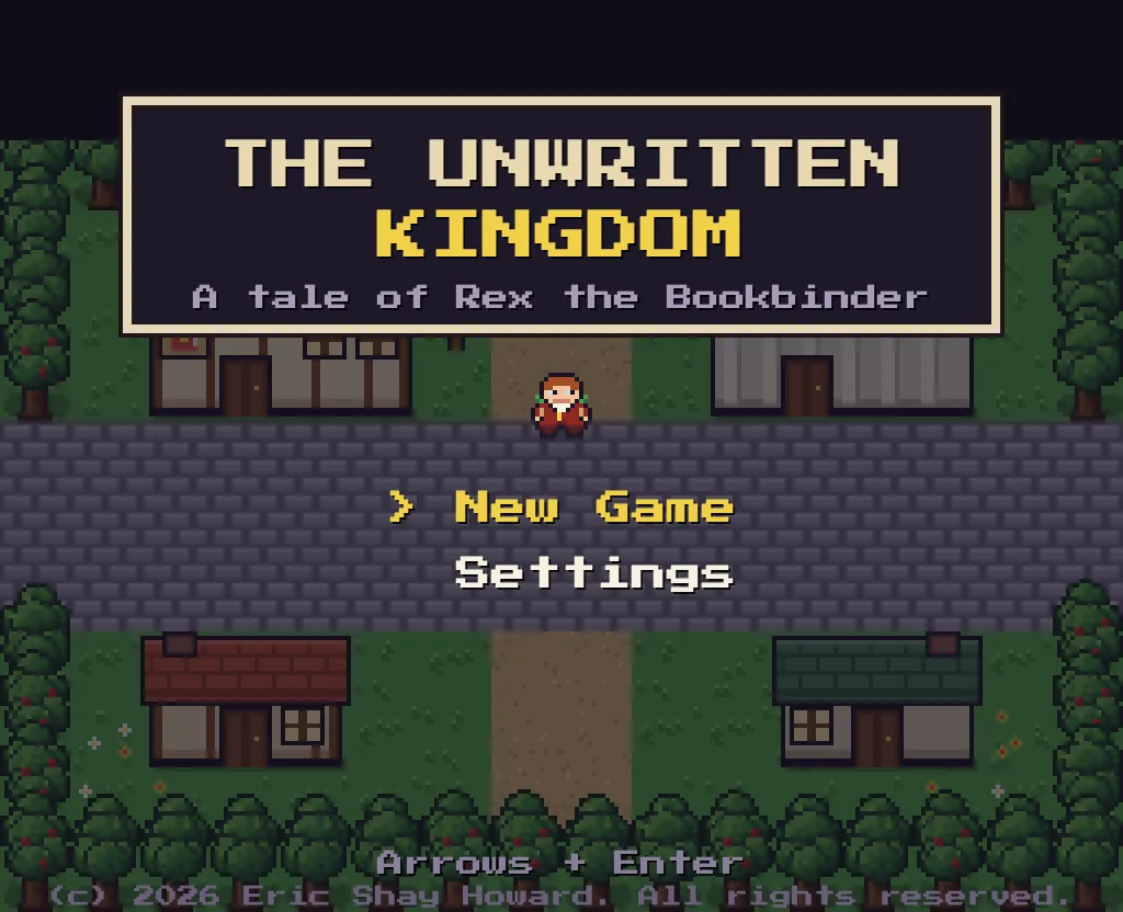 The title screen: “The Unwritten Kingdom, a tale of Rex the Bookbinder” over a town square, with Rex in his oxblood coat standing on the cobbles and a copyright line along the foot.