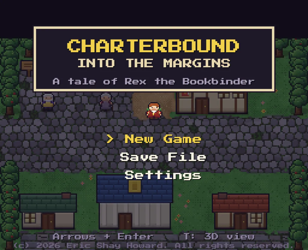 The title screen: “Charterbound: Into the Margins, a tale of Rex the Bookbinder” over Brindlewick’s square, with Rex in his oxblood coat on the cobbles, townsfolk walking by, and a copyright line along the foot.